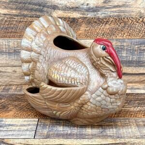 Vintage Ceramic Turkey Planter Hand Painted MCM Decor Centerpiece Thanksgiving